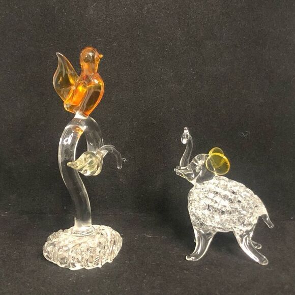 spun glass lamp work bird and elephant yellow amber clear broken tail on bird - Picture 1 of 5